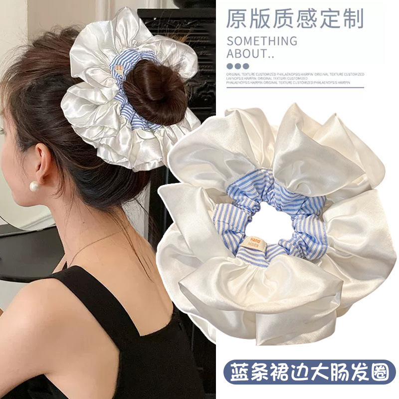 高品質の大きなレースのヘアゴム、クリーム風サテンブルーストライプバレエ風ヘアゴム、ボールヘッドドレス|undefined