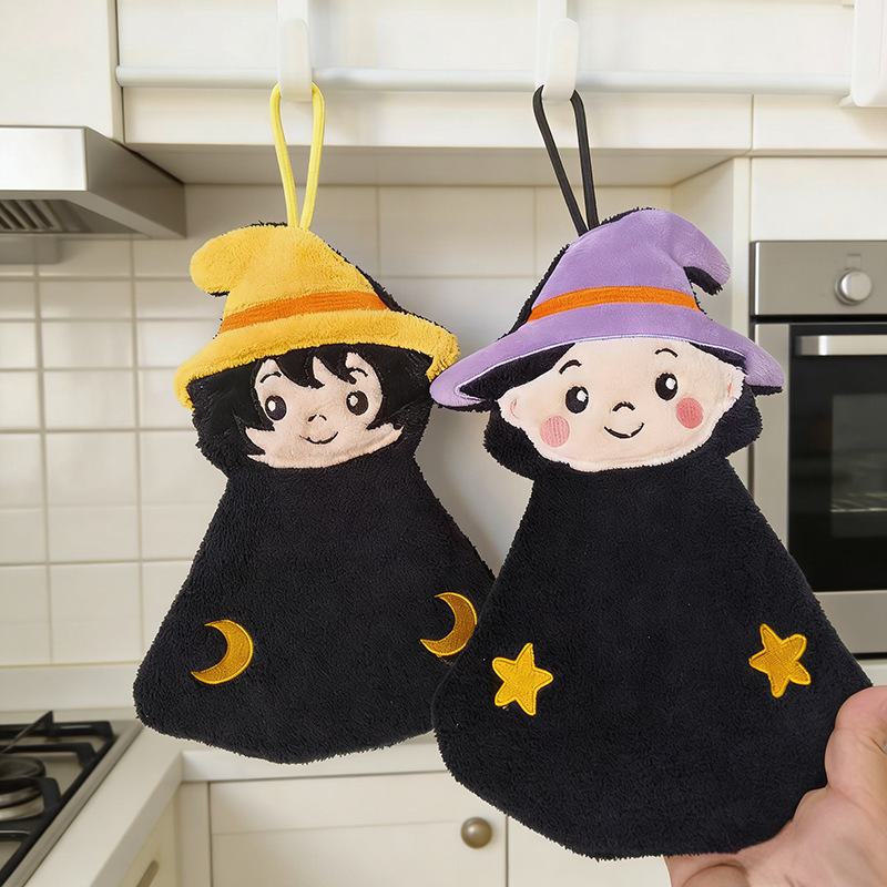 Halloween Coral Velvet Black Cat Girl Hand Towel Hanging Type Absorbent Quick-Drying Kitchen Bathroom Towel for Kidsren