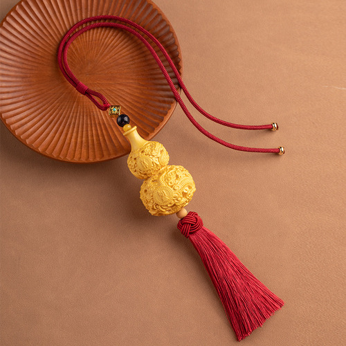 Huangyang Wood Carving Dragon Gourd Car Rearview Mirror Ornament Peace and Good Fortune Long Car Hanging for Men Exquisite Car Interior Decor