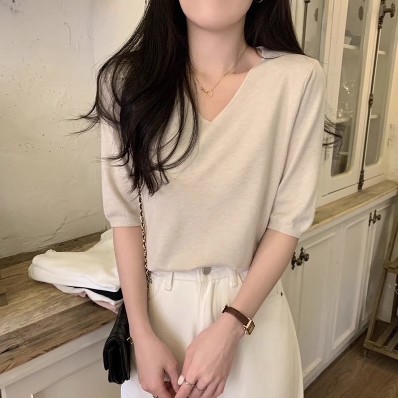 2025년 신상 여름 루즈한 여성용 브이넥 반팔 스웨터, 티셔츠, 슬림하고 우아한 5부소매 탑