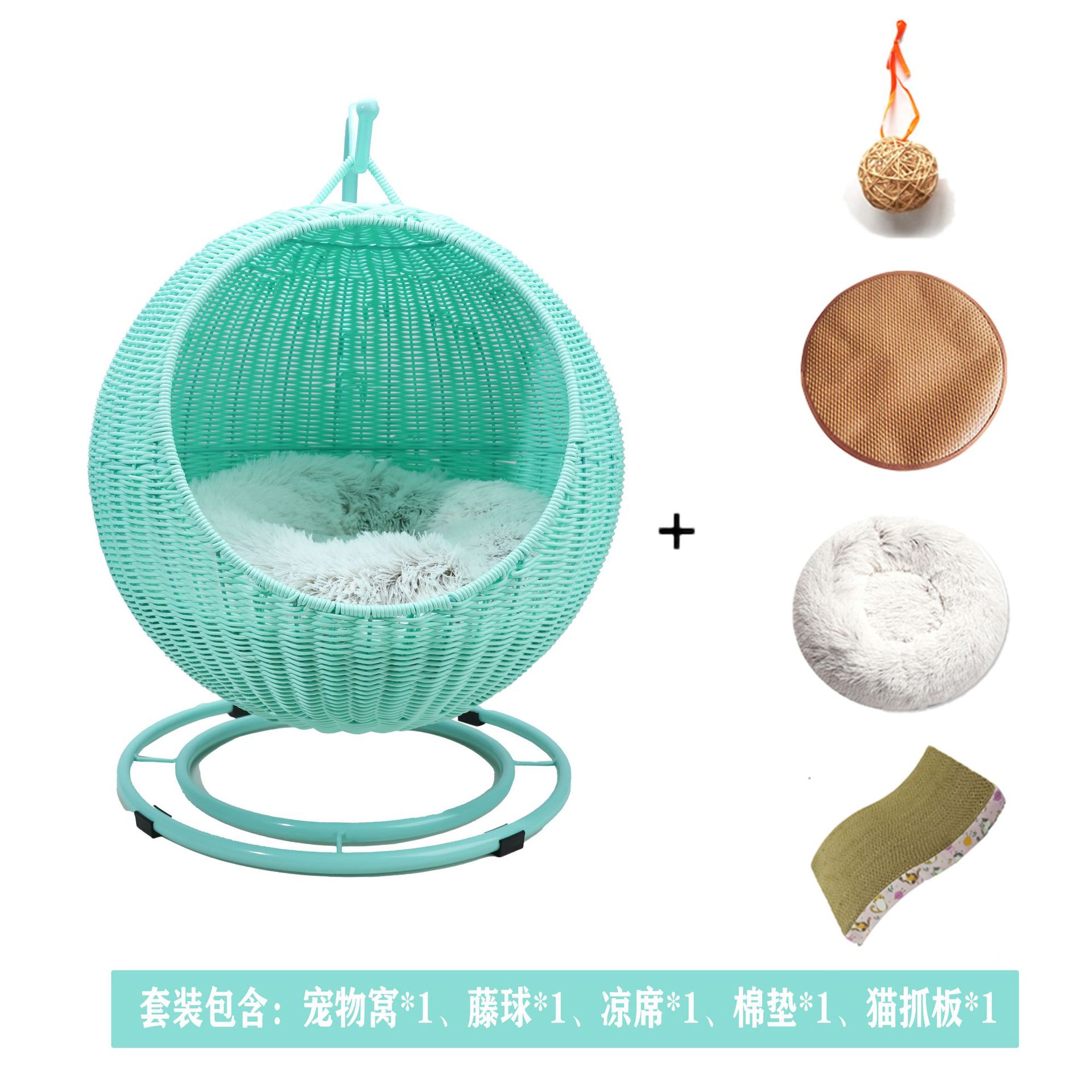 녹색 고양이 둥지 + 장모 매트 + 매트 (세팍타크로 + 고양이 긁는 기둥 포함)