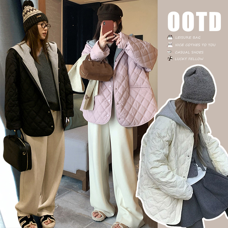 Now the New Winter Fake Two-Piece Hooded Collar Loose Quilted Lightweight Cotton Jacket