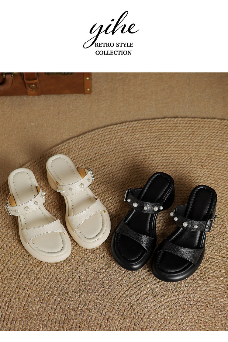 Sandal nữ hở mũi đế tăng chiều cao mùa hè, mũi tròn khóa kim loại ngọc trai — đen, Màu trắng nhạt chi tiết 11