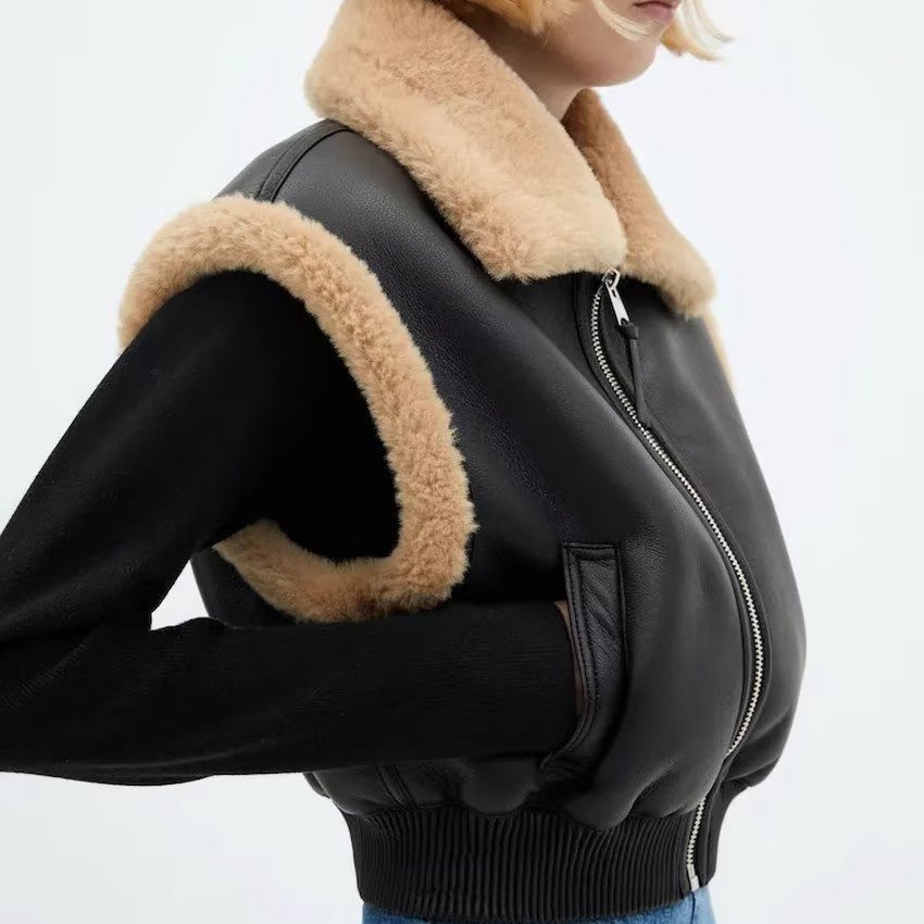 Women's Clothing autumn and winter new retro lapel fur integrated stitching pilot jacket vest_voghion.com