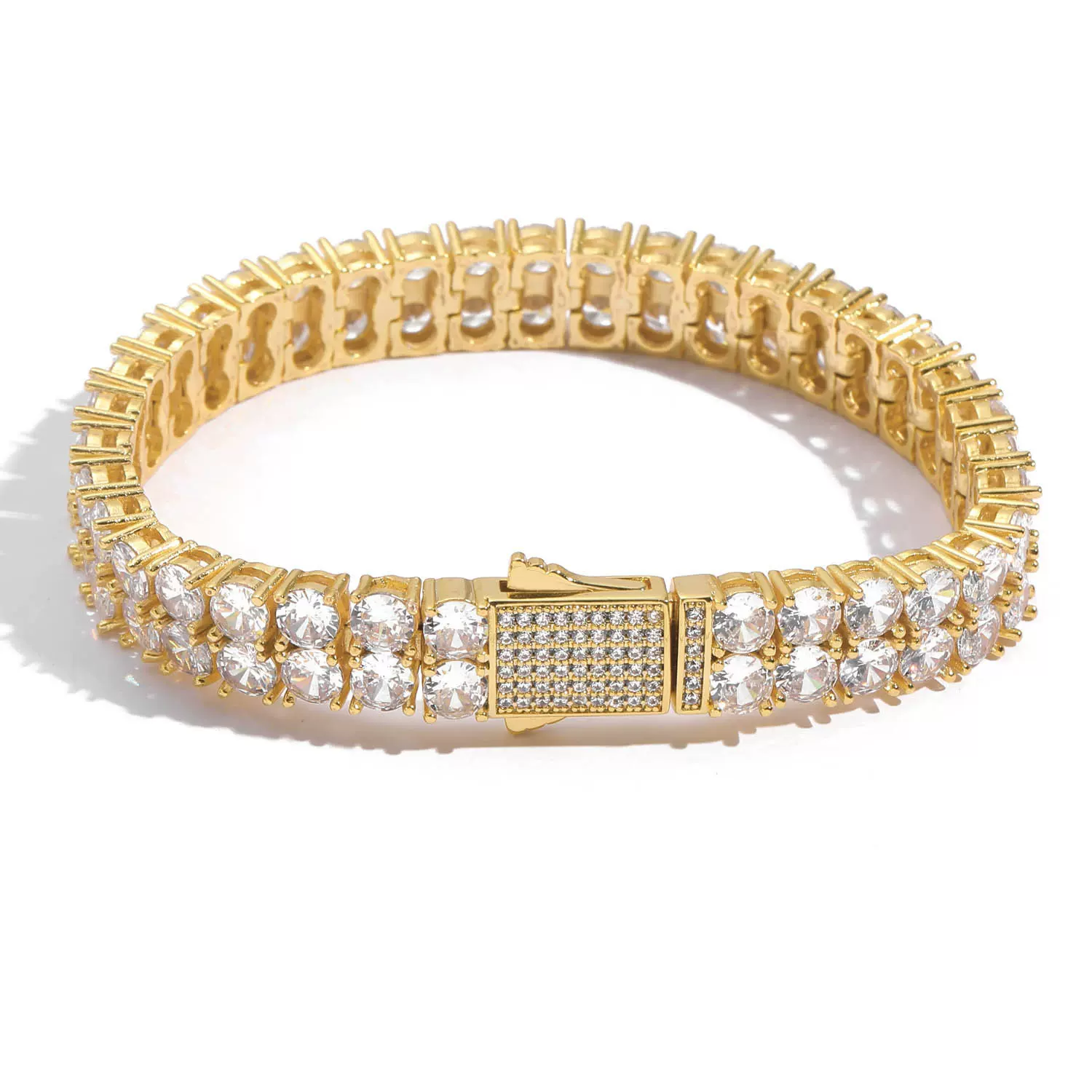 ins潮牌嘻哈手链男5mm双排满钻锆石手链嘻哈弹簧扣锁骨链男网球链