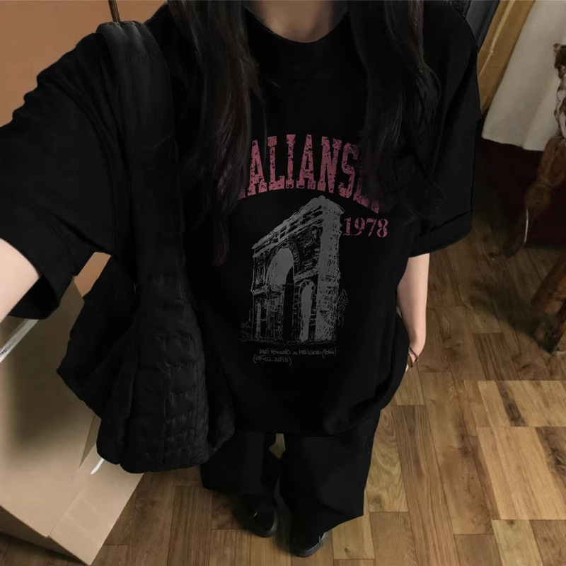 Pure Cotton American-Style Trendy Oversized High-Street Black Short-Sleeve T-Shirt for Women, 2026 New Design Niche Top Pure Cotton American-Style Trendy Oversized High-Street Black Short-Sleeve T-Shirt for Women, 2026 New Design Niche Top