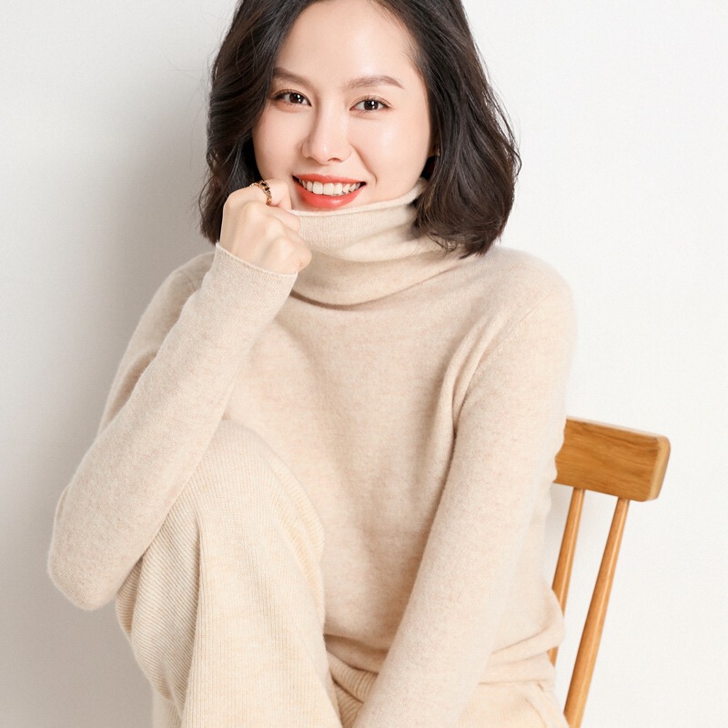 New 100% Pure Wool Sweater with Stacked Collar for Women, Rolled Edge Knit Sweater, Versatile Solid Color Warm Sweater, High-Neck Base Sweater