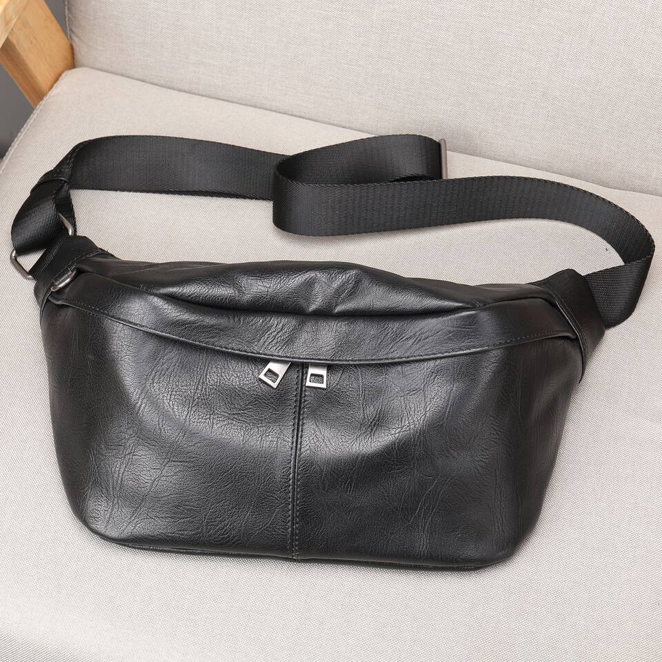 Túi đeo ngực nam da bò lớp đầu thời trang, túi thắt lưng da dung tích lớn chống mài mòn, 26×19×18 cm — Màu cà phê, Màu đen