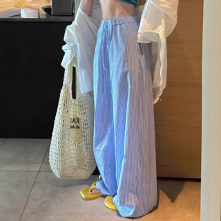 蓝色竖条纹裤女夏季2025垂感慵懒阔腿休闲海边防晒遛弯多巴胺裤子