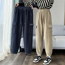 时尚保暖哈伦裤子女2025秋冬季新款休闲加绒灯芯绒工装运动女裤