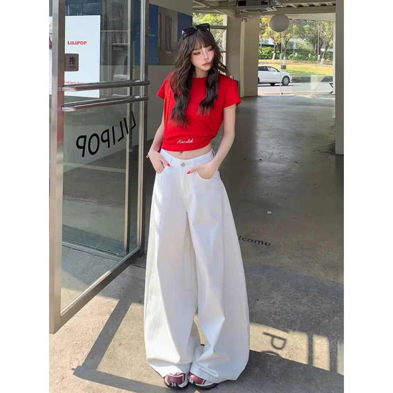 大码复古辣妹垂感阔腿白色牛仔裤女2025夏季新款高腰显瘦拖地长裤|undefined
