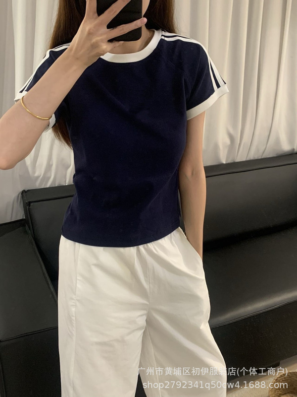 ハイバージョン~スリーストライプス25夏新作ラウンドネックコントラストカラースリムフィット刺繍レター半袖Tシャツトップス女性用|undefined
