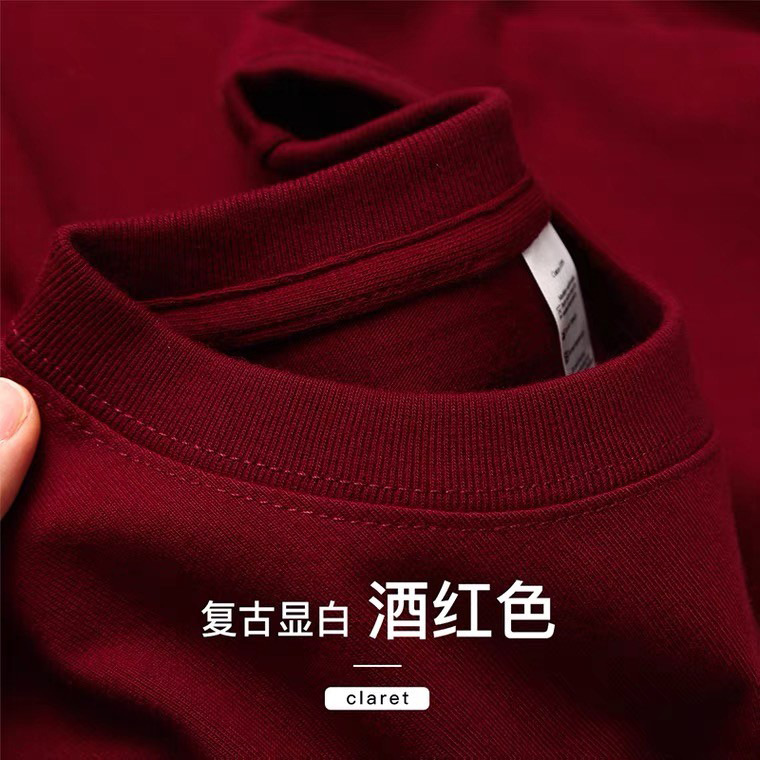 抖音小红书爆款220g重磅纯棉短袖T恤女圆领酒红色超显白宽松打底