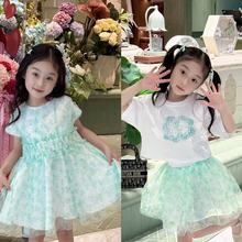 现货2026春夏女童套装 绿色四叶草连衣裙+套装 小清新可爱连衣裙