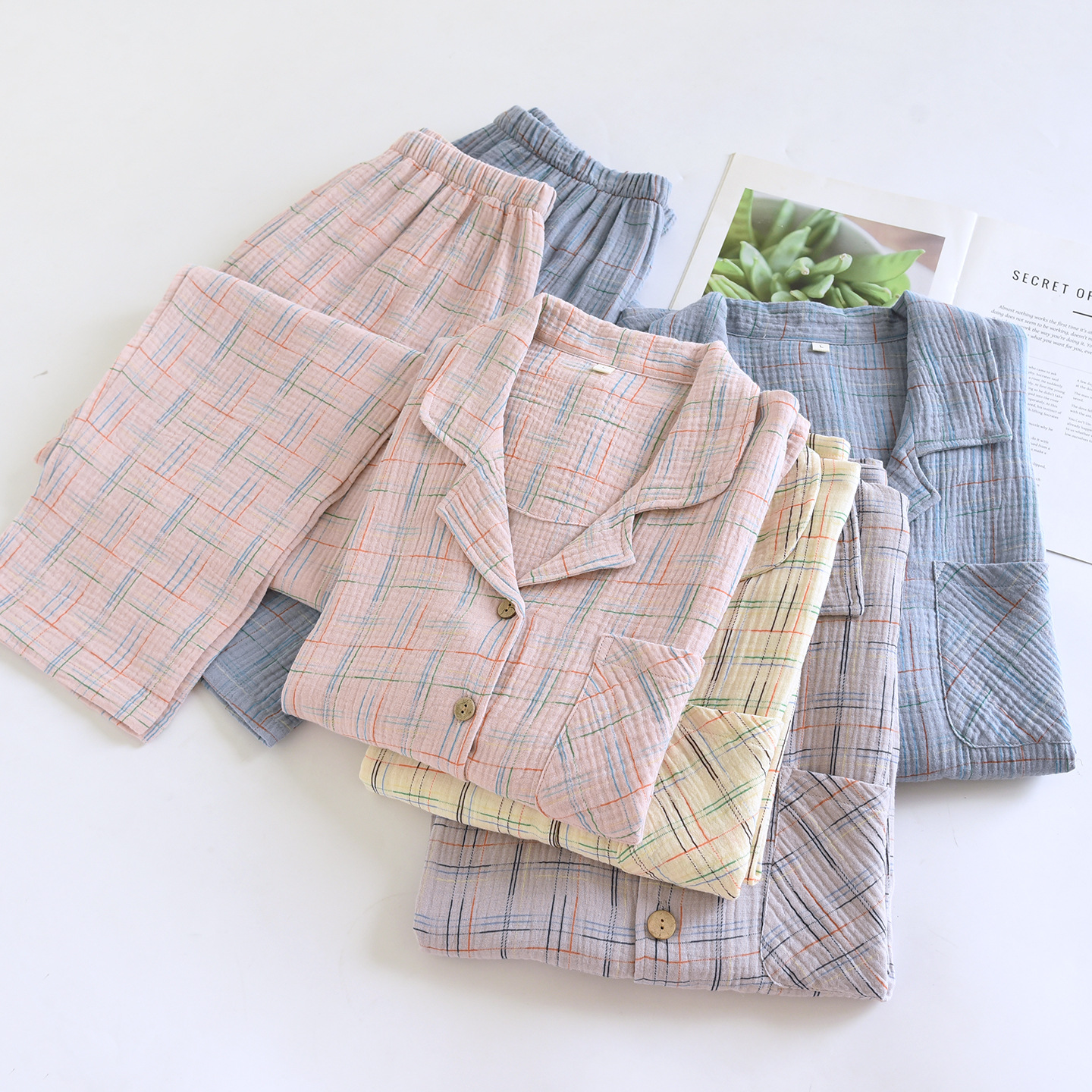 新款春秋四季情侣款长袖长裤家居服纯棉双层棉纱小清新格子睡衣