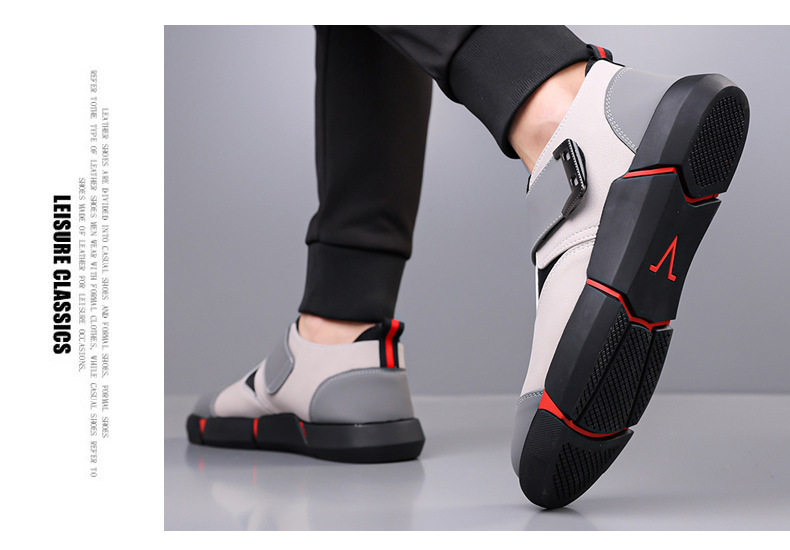 Giày lười nam da PU mũi tròn khóa Velcro chống trượt, đế cao 3 cm — Kaki, Màu đen chi tiết 15