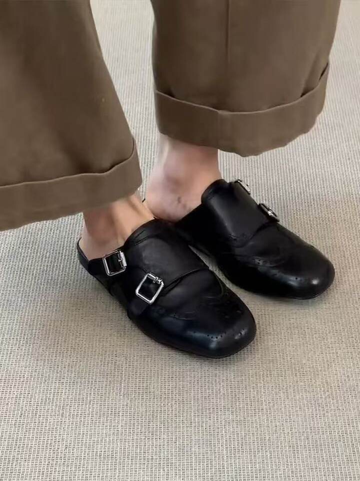 Giày lười nữ mũi vuông da thật kiểu Brogue hai hàng khóa, đế bằng — Màu nâu, màu đen chi tiết 3