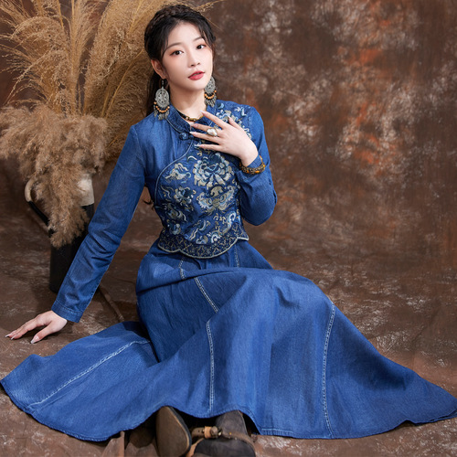 white christmas dresses cotton denim chinese imperial scoop neck dress (jeandark)