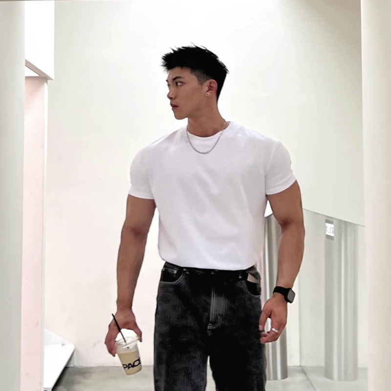 British yuppie men's summer T-shirt small neckline slim short sleeve muscle suit inside foreign trade cross-border wholesale