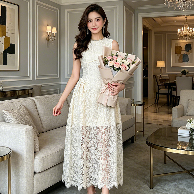 Đầm ren không tay cổ tròn thắt eo phong cách Pháp đính đá — màu mơ chi tiết 2