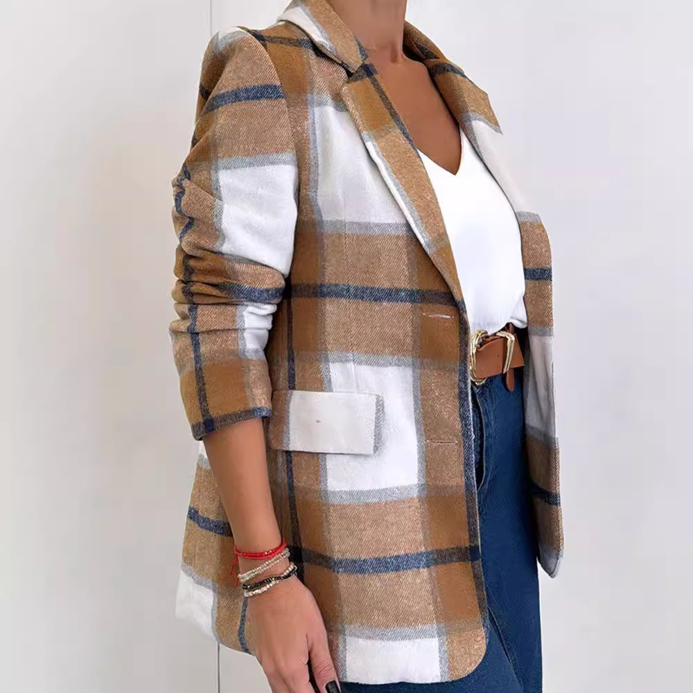 Women's Clothing autumn new simple and fashionable suit collar single breasted plaid woolen coat_voghion.com