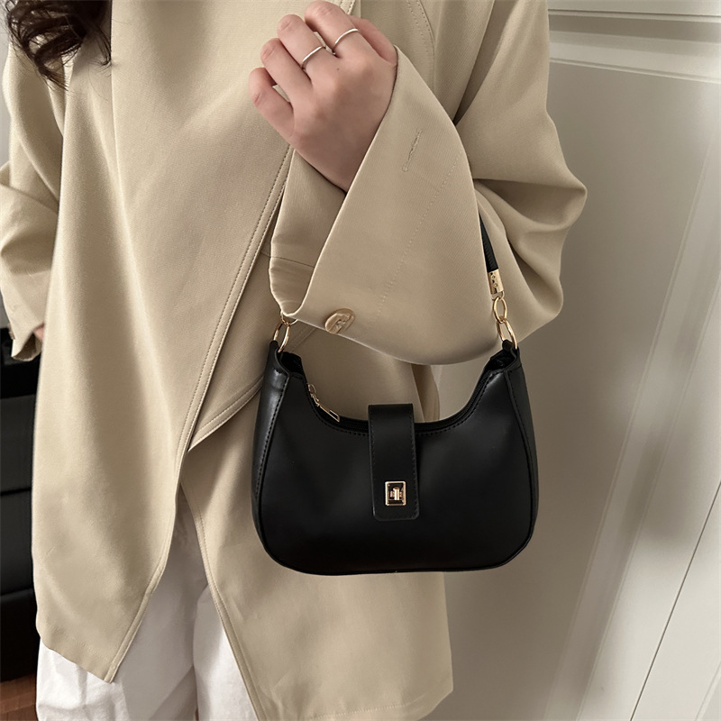 2026 New Women's Bag with Lock Buckle, Simple Shoulder Bag, Handbag, Half-Moon Bag, Fashionable Underarm Bag