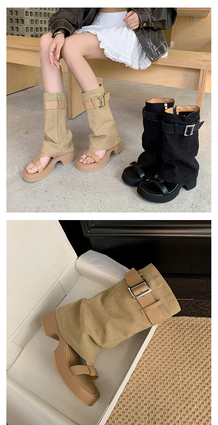 Sandal cao gót hở mũi nữ đế dày gót vuông, quai thắt lưng da bò — Màu đen chi tiết 6