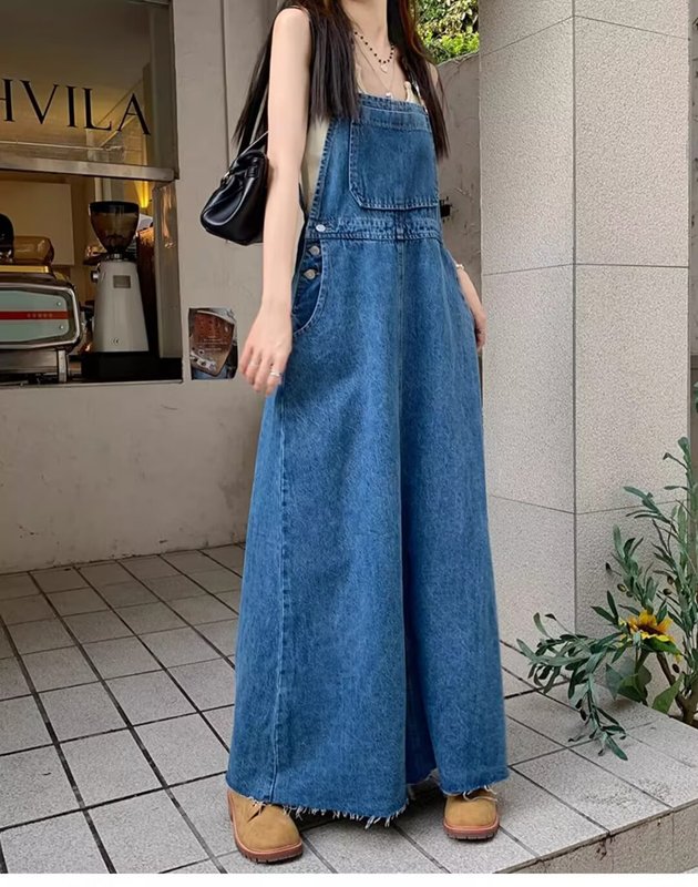 减龄显瘦背带裙牛仔连衣裙女2025秋季新款宽松高个子长裙蓝色裙子|undefined