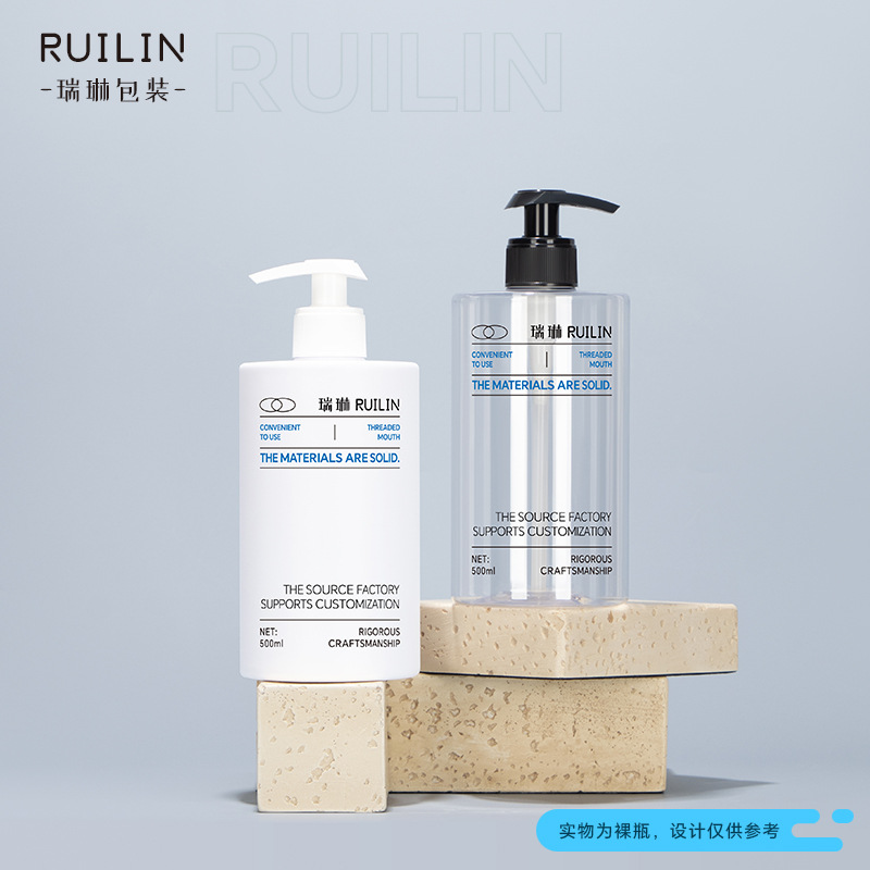 Spot botella de plástico exfoliante blanco PET de 500ml botella de champú de alto valor con loción de 300ml