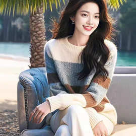 美式慵懒风复古拼色条纹软糯毛衣女秋冬季加厚甜美百搭针织衫上衣