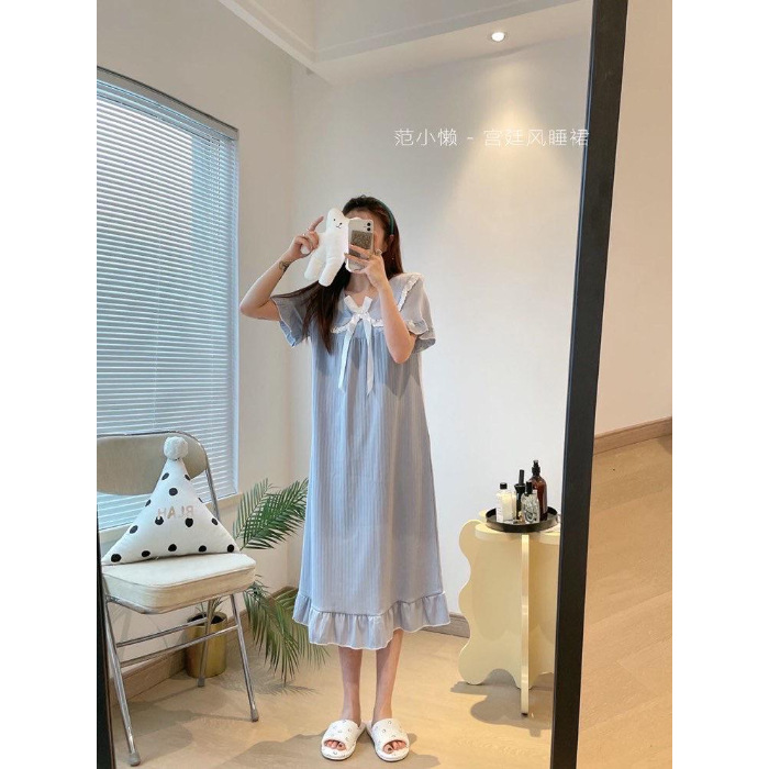 Pijama de verano de mangas cortas cuello de muñeca dulce hadas corte coreana estudiante pijama princesa vestido de viento