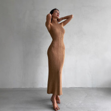 跨境欧美针织高领无袖紧身裙春夏新款中长裙优雅法式欧美连衣裙女