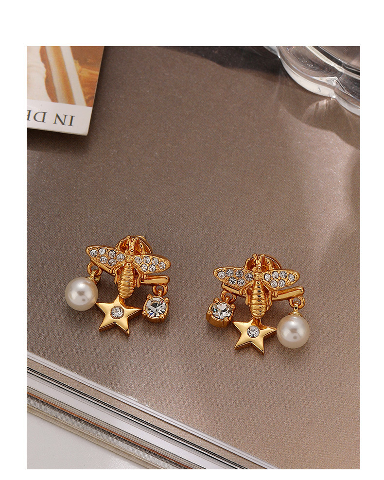 1 Pair IG Style Retro Star Bee Inlay Copper Pearl Zircon Drop Earrings display picture 2
