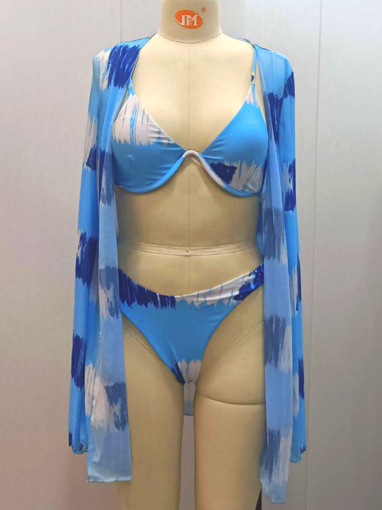 Nieuwe, bedrukte, zonwerende strandstalen driedelige set met meerkleurige cover-up, mesh bikinizwempak_voghion.com