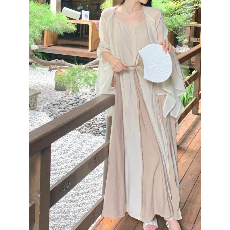Cross-Border Low-Saturation New Chinese Style Extra-Long Ankle-Length Oversized Hem Raw Edge Splicing Artistic Heavy-Duty Suspender Dress for Women Cross-Border Low-Saturation New Chinese Style Extra-Long Ankle-Length Oversized Hem Raw Edge Splicing Artistic Heavy-Duty Suspender Dress for Women