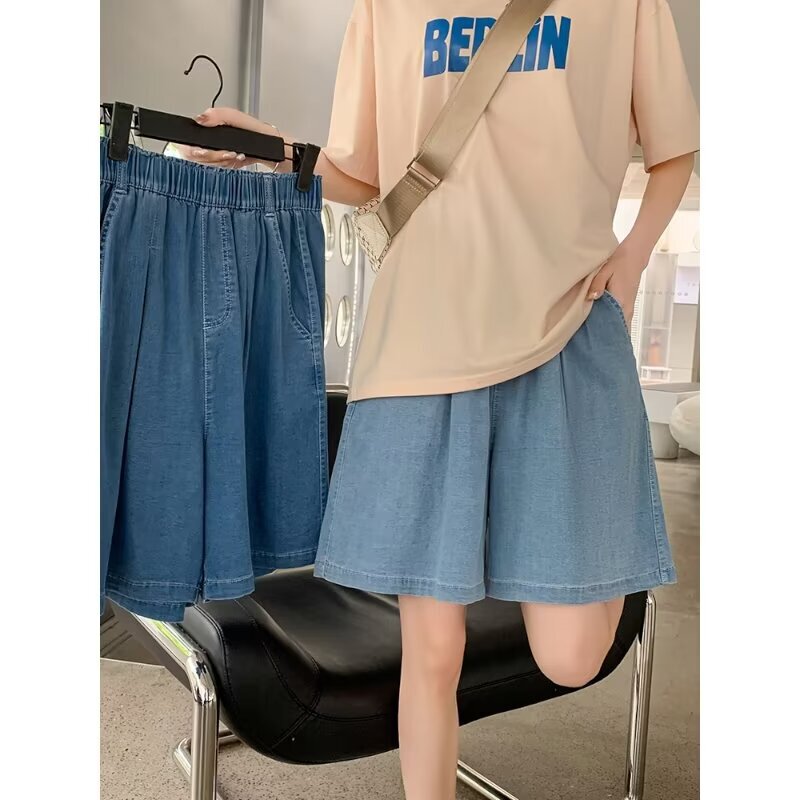 chubby girl Tencel Denim Shorts plus size Ice Silk Wide Leg Pants Women's Summer Thin High Waist Slimming Five-point Pants Pear-shaped