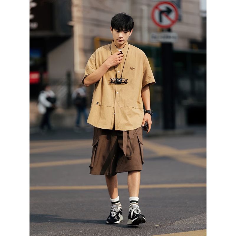 Japanese Retro Style Ribbon Straight-Leg Casual Suit Shorts for Men, Summer Versatile Casual Shirt and Shorts Set