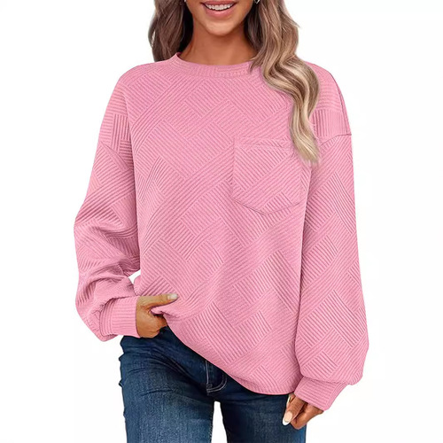 2025 Women's Knit Embroidered Long-Sleeve Round Neck Pocket Sport Top Casual Loose Hoodie Sweatshirt
