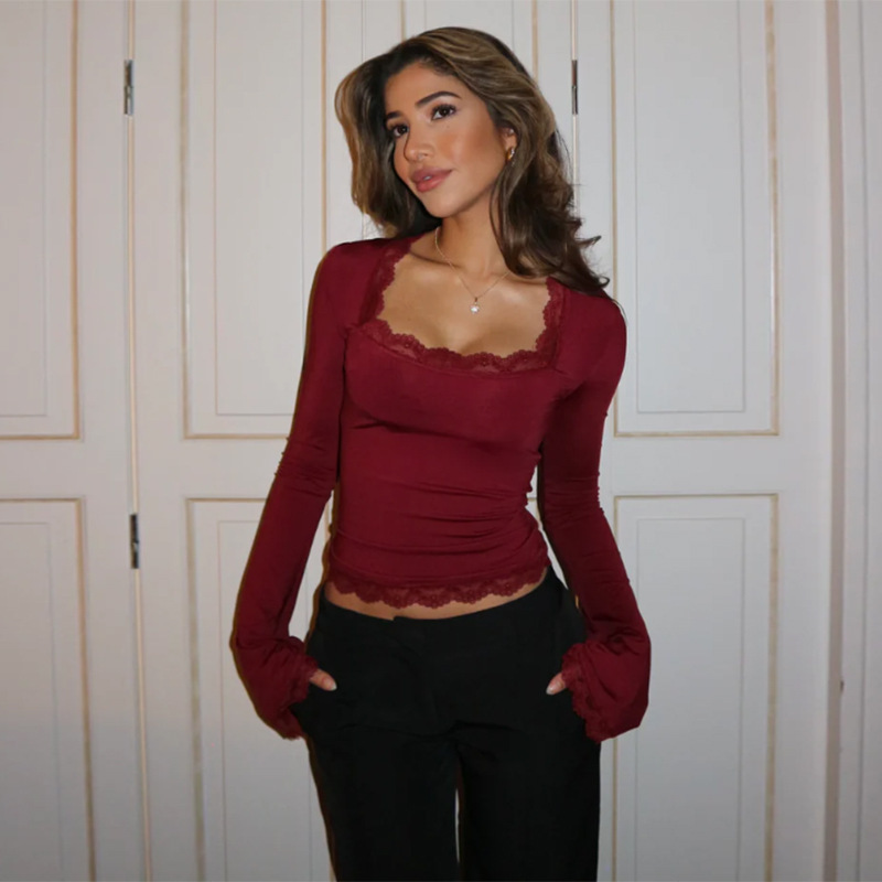 2025 Cross-Border Women's Autum Long-Sleeved Lace Top European and American Style Fashionable Elegant Slim Versatile T-Shirt