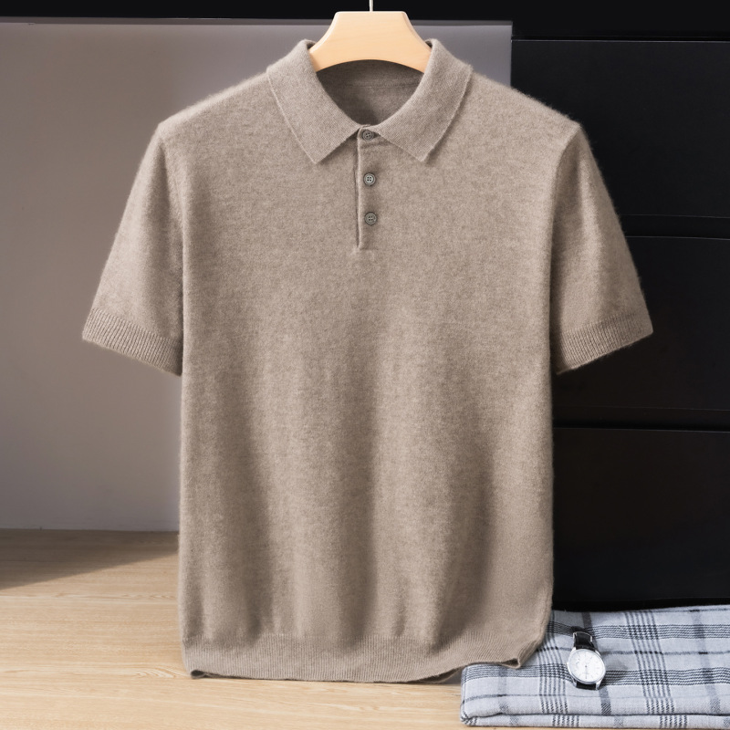 Men's simple cashmere short-sleeve knit undershirt, loose-fitting and slimming, with a polo collar, suitable for business casual wear and easy to match with other outfits Men's simple cashmere short-sleeve knit undershirt, loose-fitting and slimming, with a polo collar, suitable for business casual wear and easy to match with other outfits