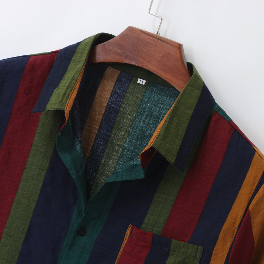 men's short-sleeved rainbow linen dark grid open chest shirt 2 undefined
