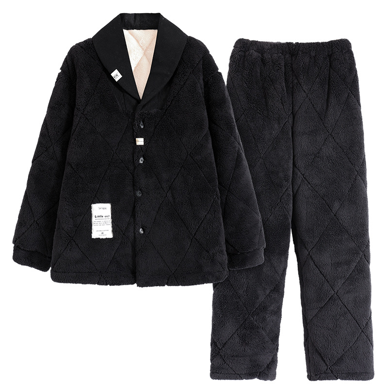 Pijama de hombre de invierno más grueso de terciopelo de algodón de coral de calor de tres capas de terciopelo de coral negro de alta calidad de otoño y invierno ropa para el hogar