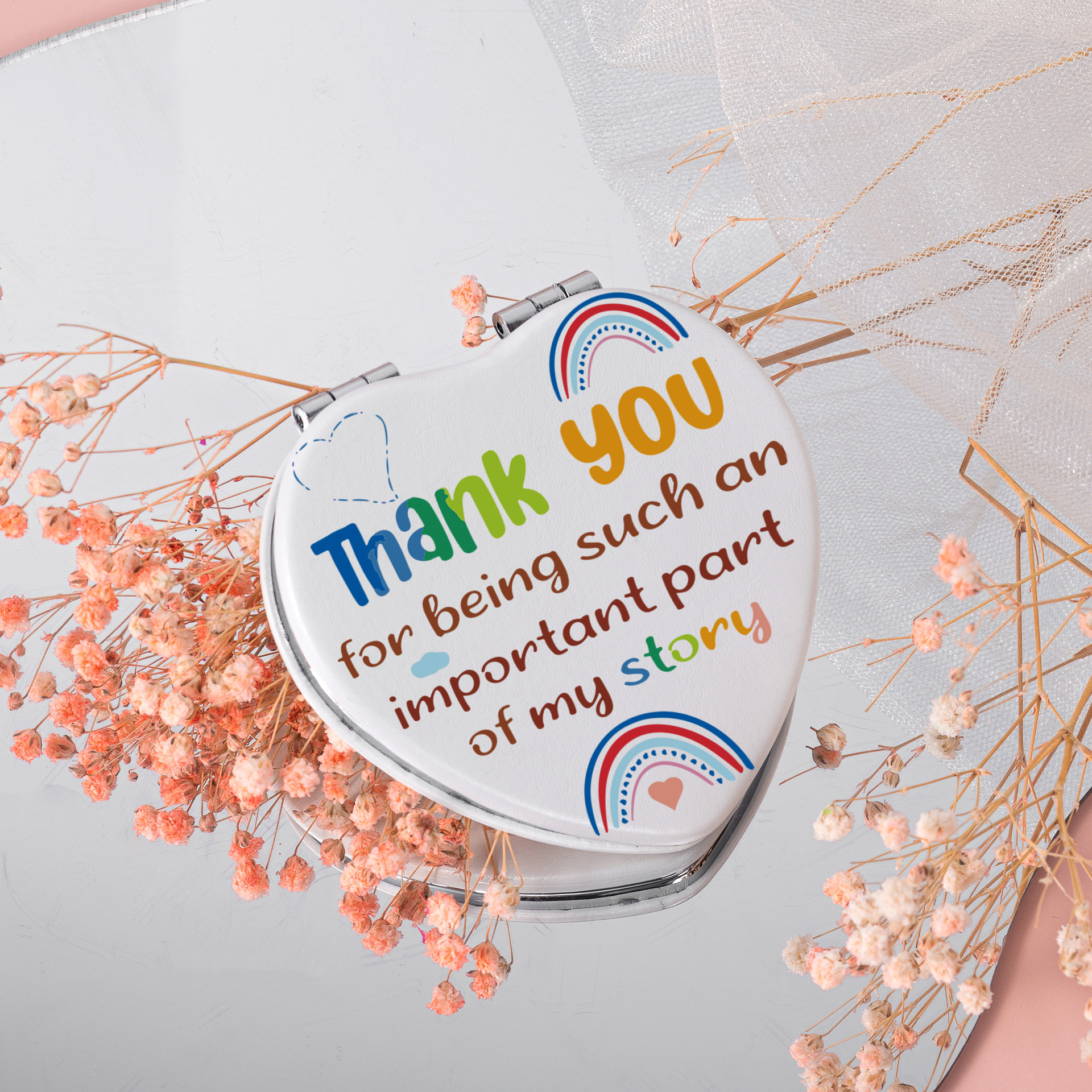 Espejo portátil con funda de PU en forma de corazón, estilo ins