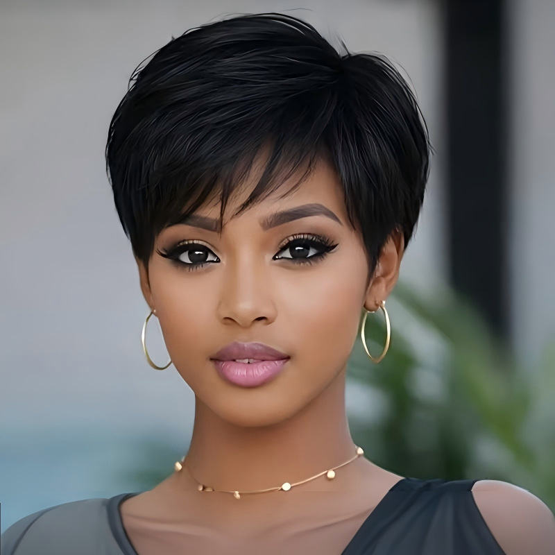Women's black pixie short hair wig, lightweight with side bangs and layered short bangs, European and American style synthetic fiber full wig
