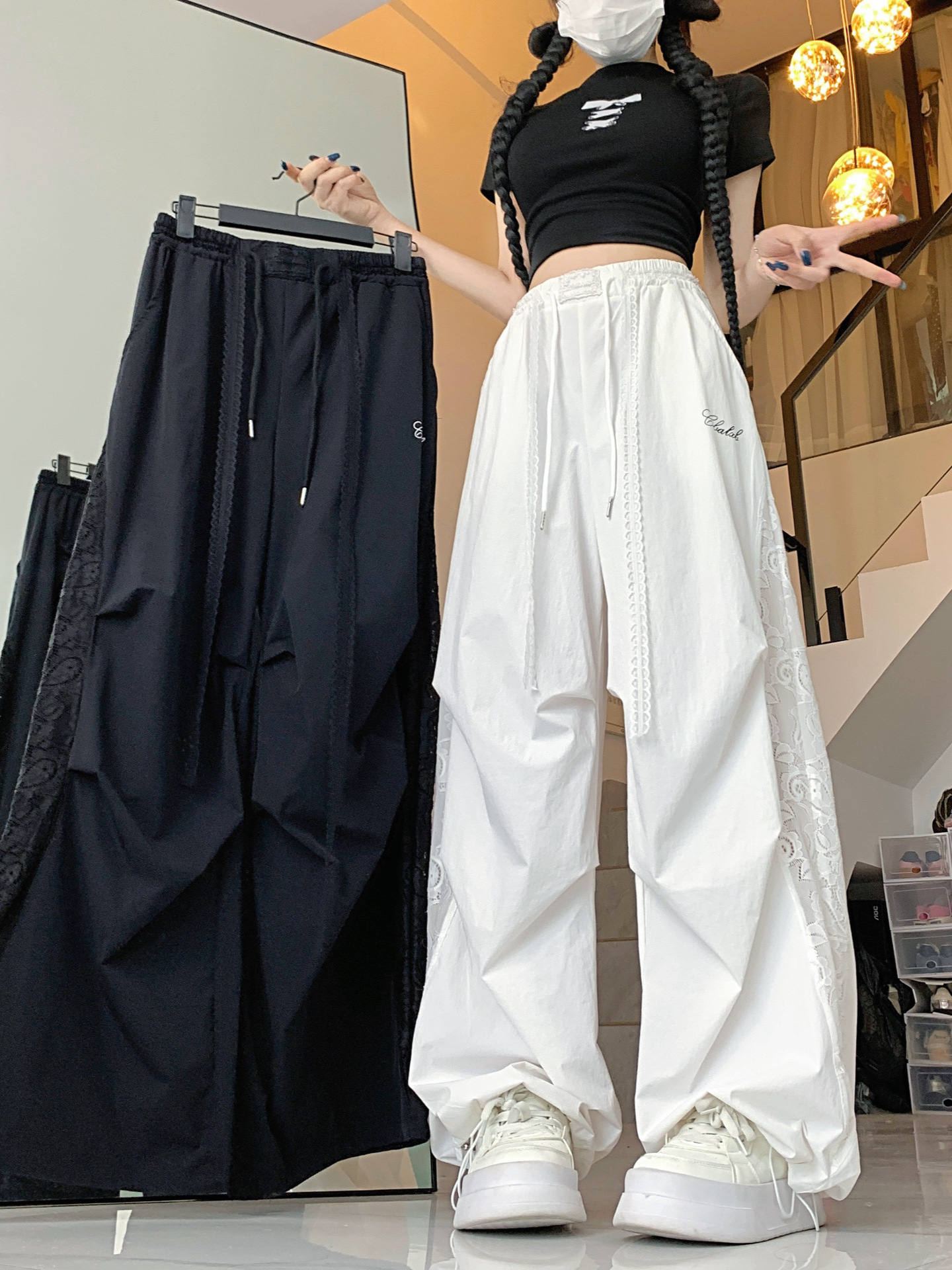 美式潮牌蕾丝拼接褶皱工装裤女夏松紧腰爵士舞辣妹运动休闲裤艺瑾