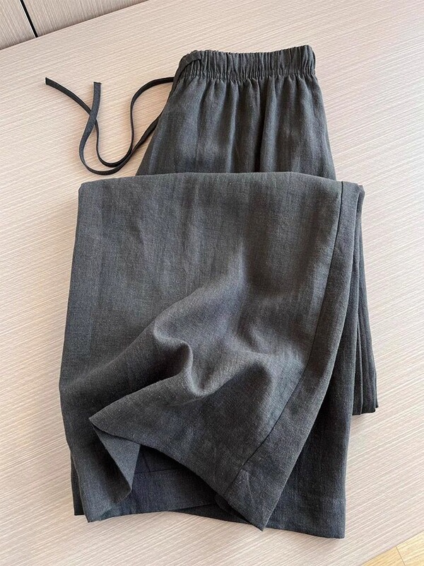 Highly Recommended! Old Money Style Relaxed Feel ~ Charcoal Black Elastic High-Waisted Drawstring Linen Cotton Wide-Leg Pants