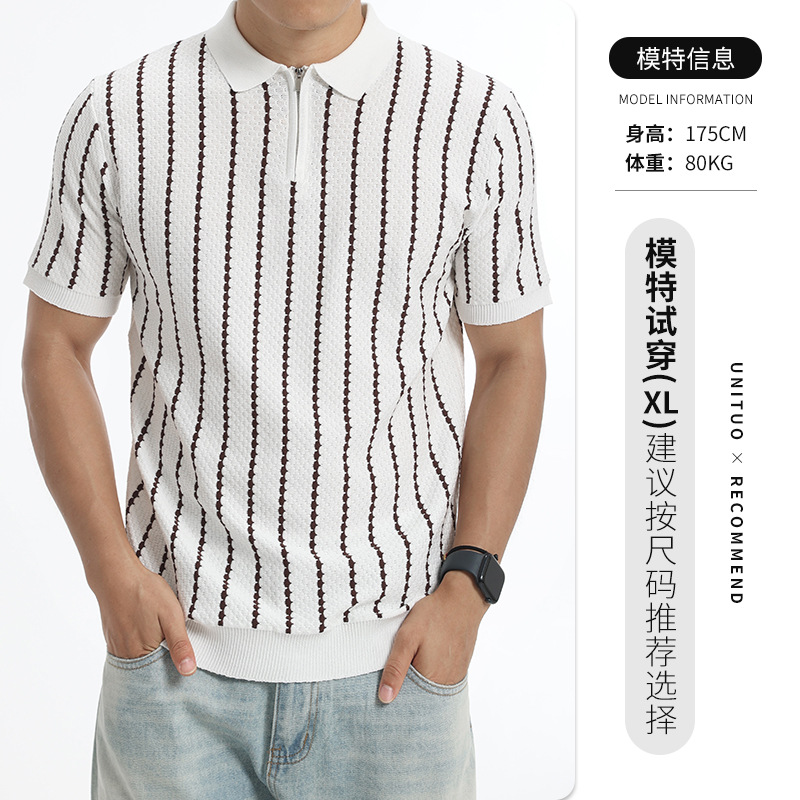 Europa y los Estados Unidos de verano hombre jacquard rayas punto polo medio cremallera solapa camiseta de negocios de manga corta camiseta casual