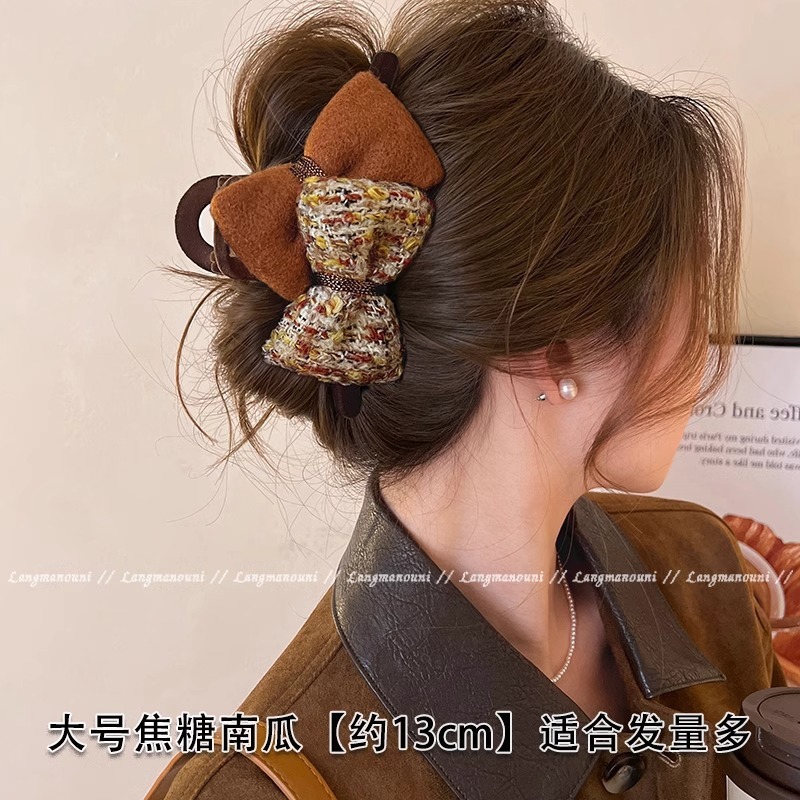 小香风ab双面蝴蝶结毛绒抓夹女后脑勺高级感盘发夹鲨鱼夹头饰发卡|undefined