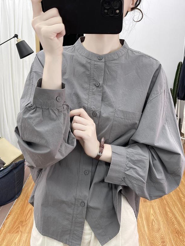 早秋设计感纯棉小立领长袖衬衫女宽松上衣2025新款打底衬衣A5656|undefined