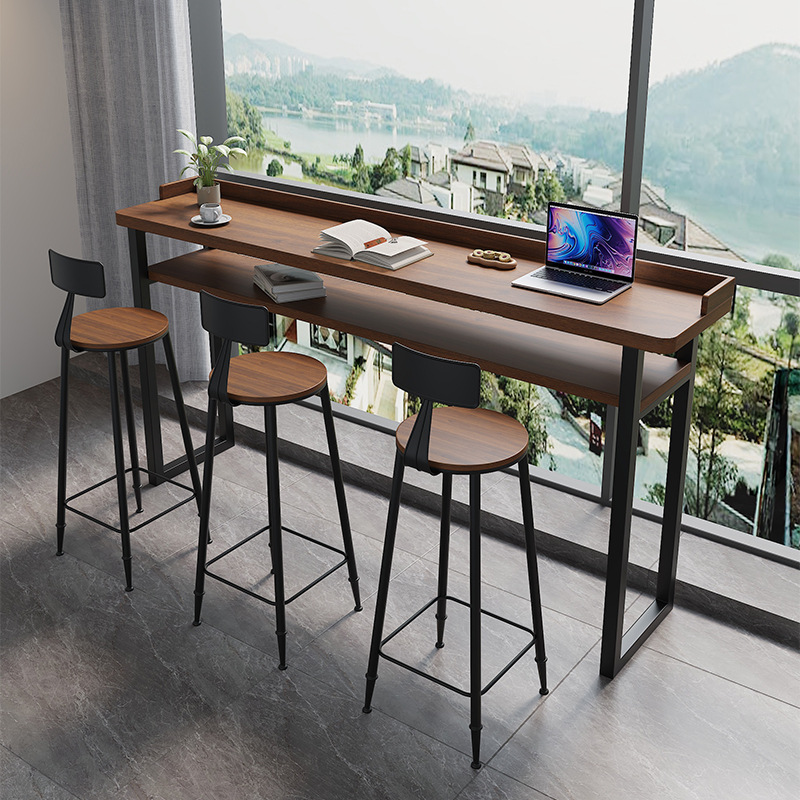 Balcony Home Bar Table Double-Layer Solid Wood Baffle Against the Window and Wall Narrow Table Long High and Low Legs Long Table High Table